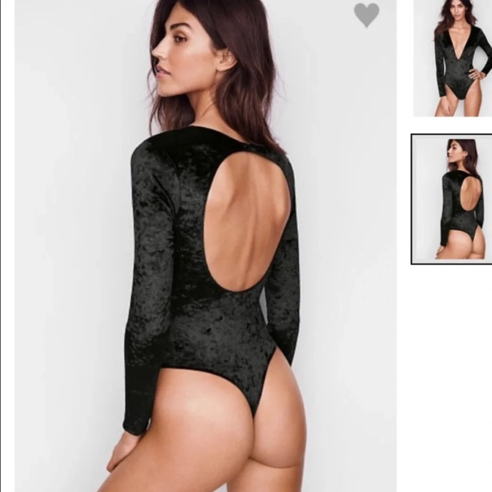Victoria's Secret Crushed Velvet Plunge Bodysuit Black New - Picture 10 of 12
